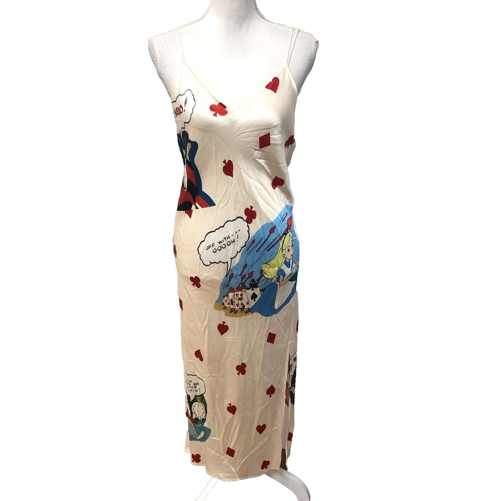 Mo & Co Disney Alice And Wonderland Graphic‎ Slip Dress Womens Small Satin